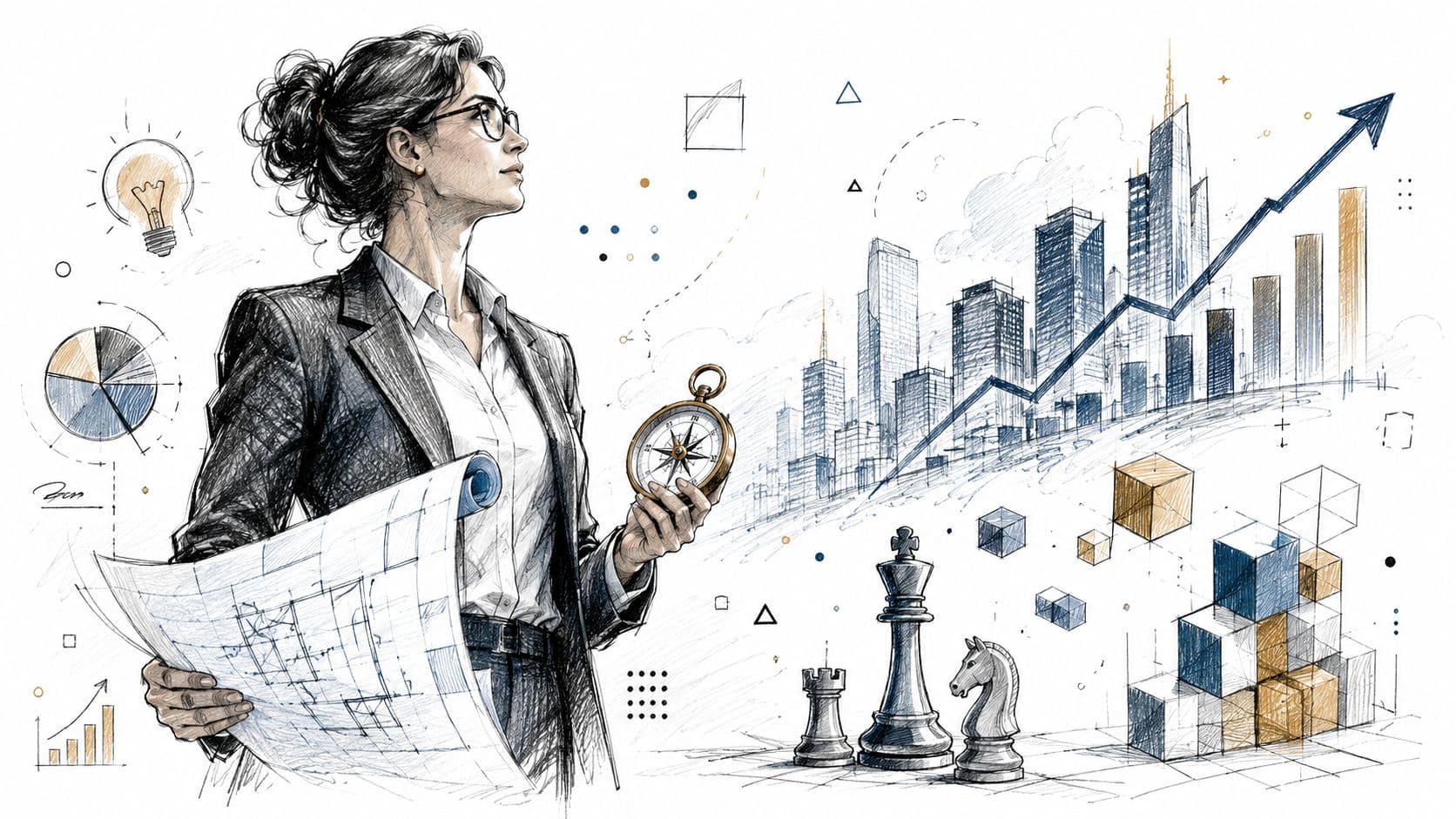 A professional woman holding a blueprint and compass with business charts, city skyline, and chess pieces.