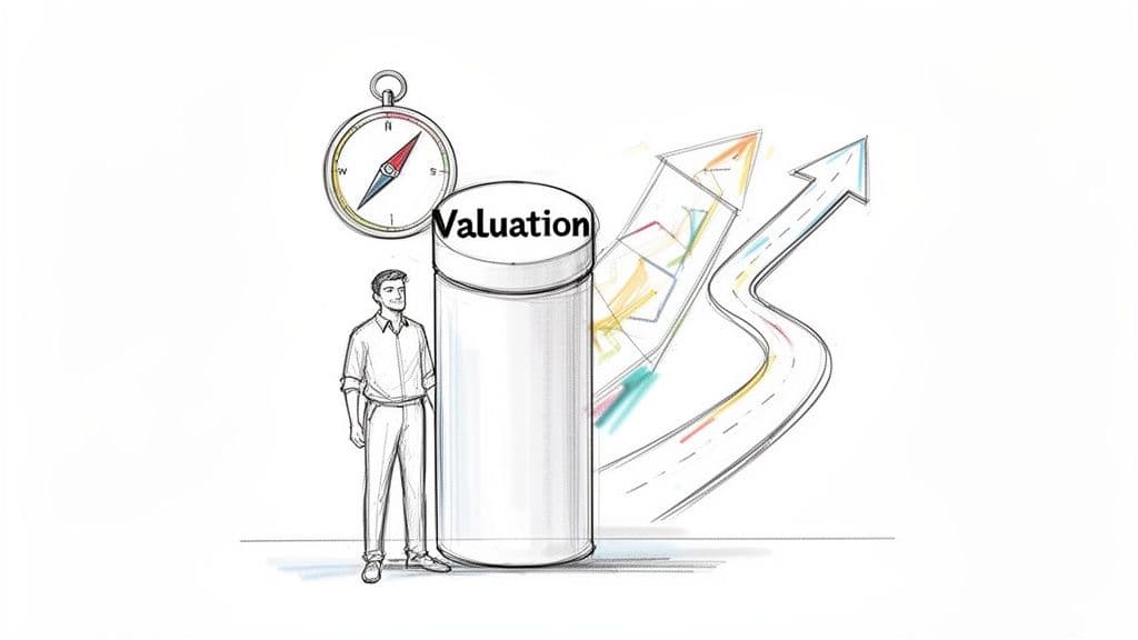 A sketch of a man next to a 'Valuation' cylinder, a compass, and a road to growth.