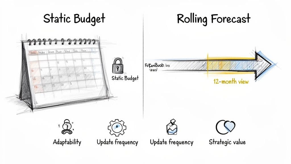 An illustration comparing a static budget (calendar with padlock) and a rolling forecast (12-month arrow) with their characteristics.