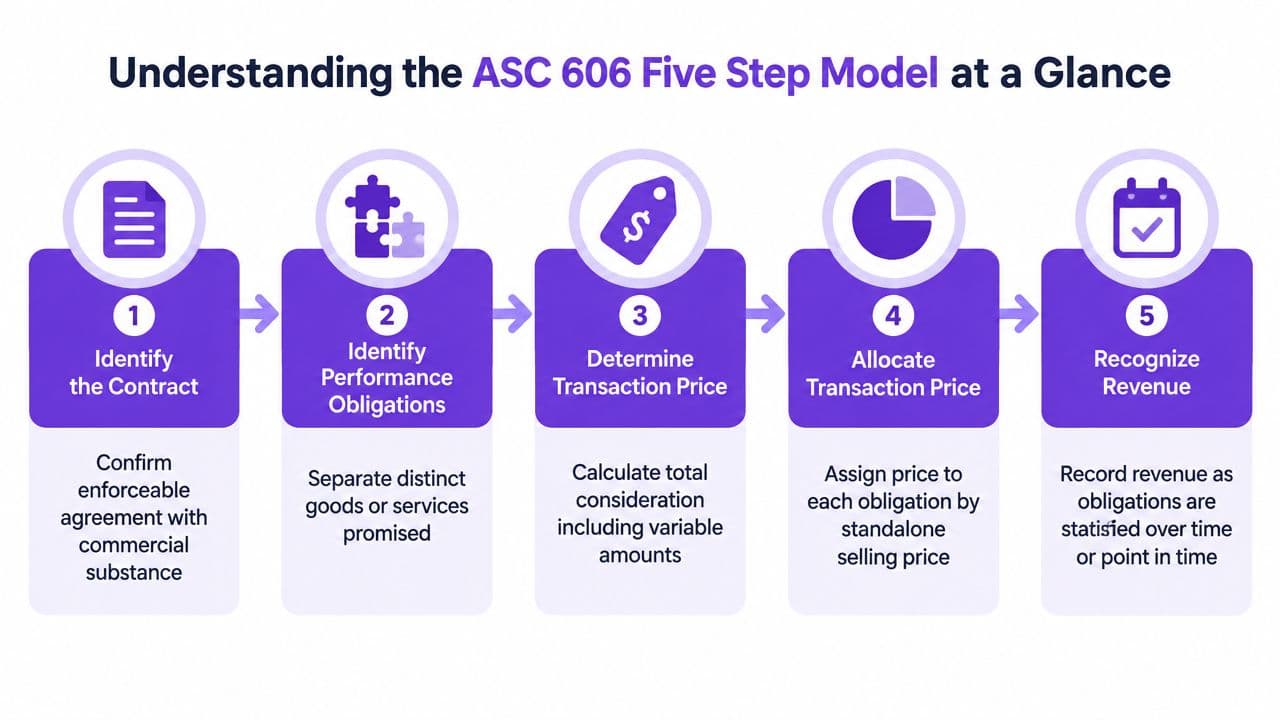 A visual guide illustrating the five-step revenue recognition model as outlined by the ASC 606 accounting standard.