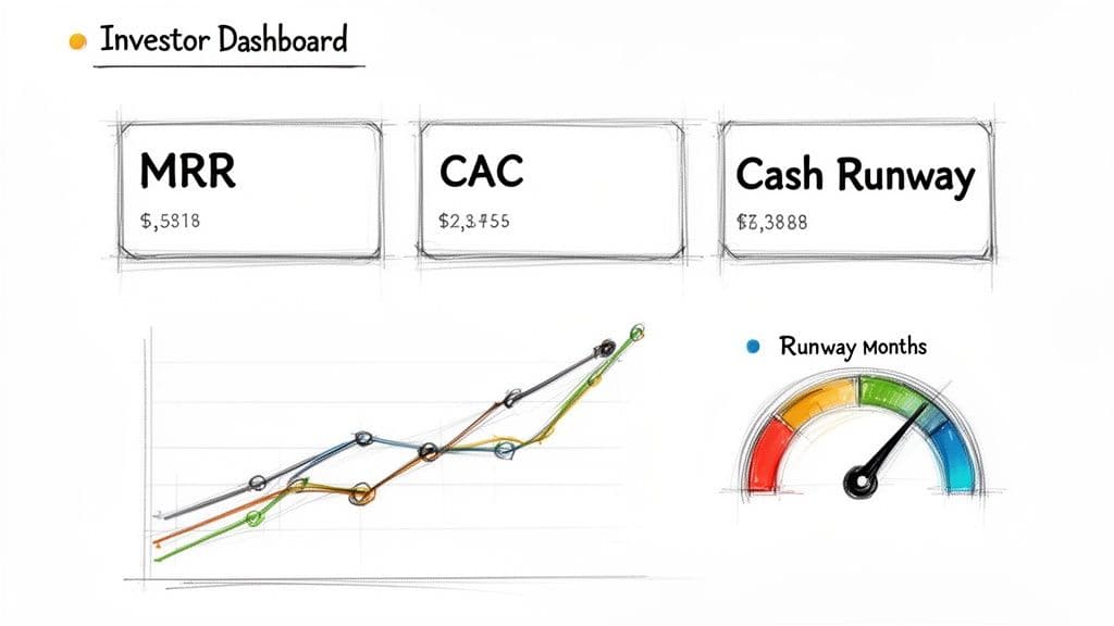 An investor dashboard showing key metrics like MRR, CAC, Cash Runway, a trend graph, and a runway months gauge.