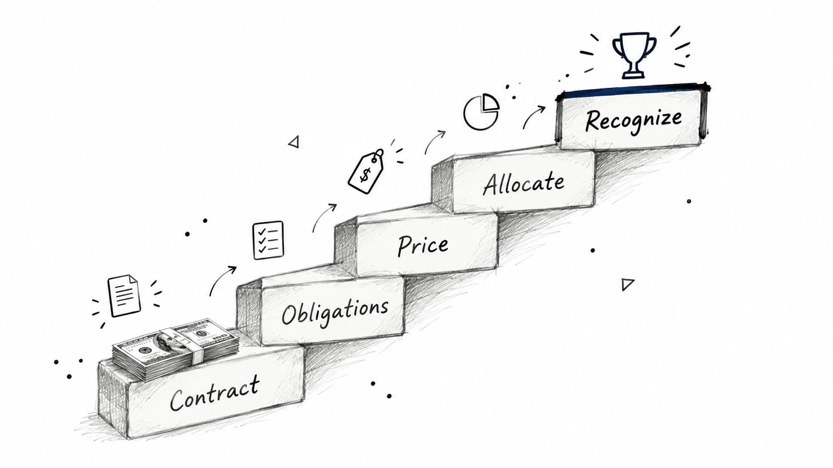 A diagram illustrating the five-step revenue recognition process under ASC 606 standards using a step-up staircase graphic.