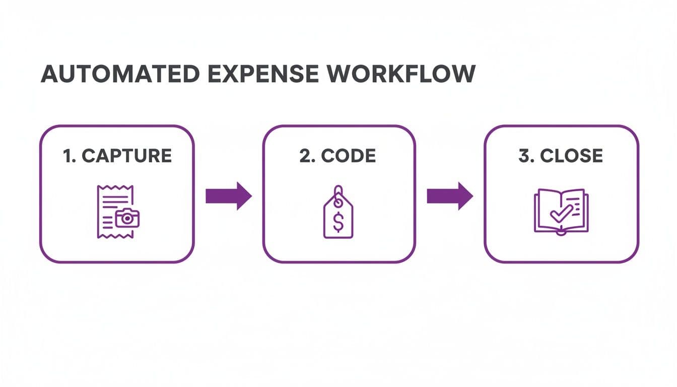 A three-step automated expense workflow illustrating capture, code, and close processes with icons.