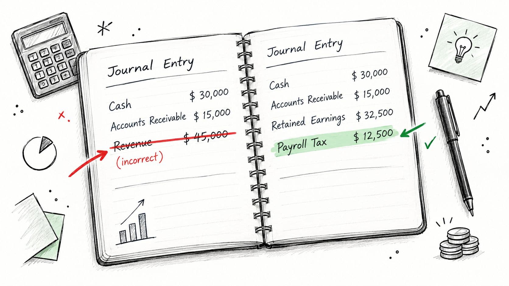 A hand-drawn illustration showing a notebook with accounting journal entries and a red-crossed out incorrect revenue entry.