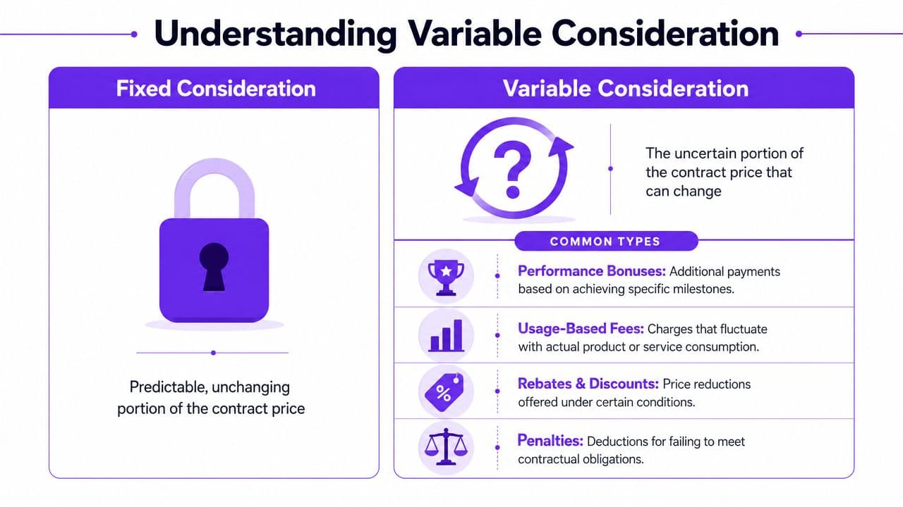An infographic comparing fixed consideration versus variable consideration in a contract, explaining key components and examples.