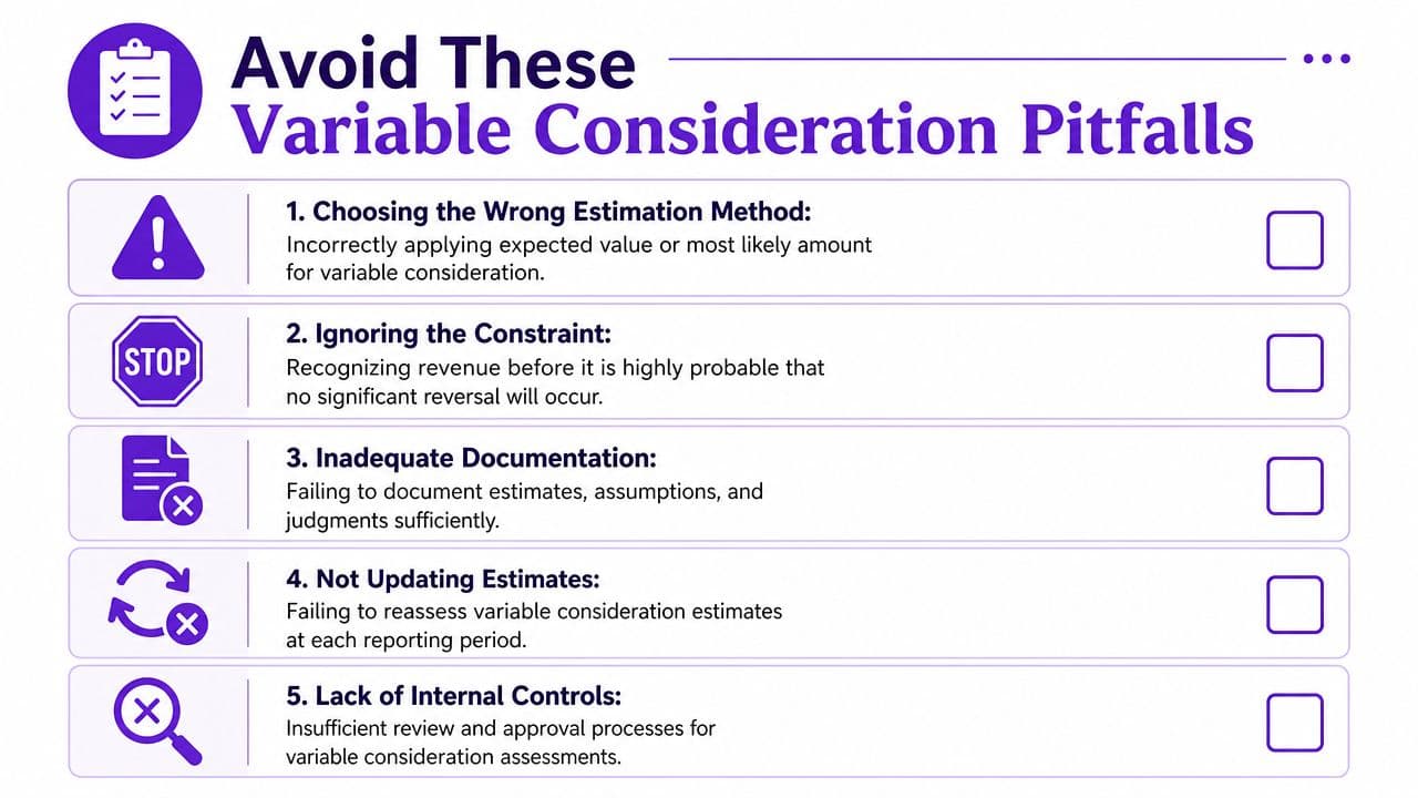 An infographic list outlining five common pitfalls to avoid when managing variable consideration in financial reporting.