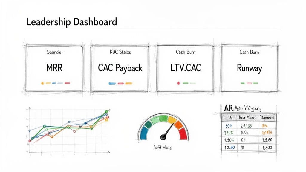 A leadership dashboard displaying financial metrics including MRR, CAC Payback, LTV.CAC, and Runway, with supporting charts.