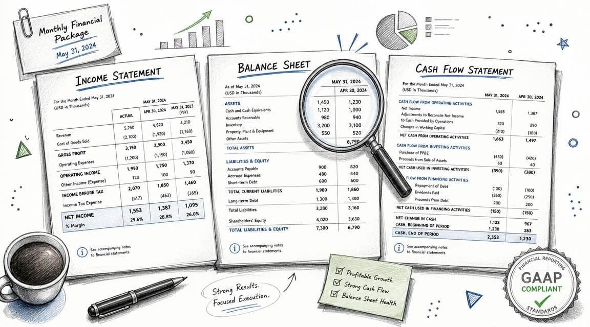 A monthly financial report showing income statement, balance sheet, and cash flow statement with hand-drawn elements.