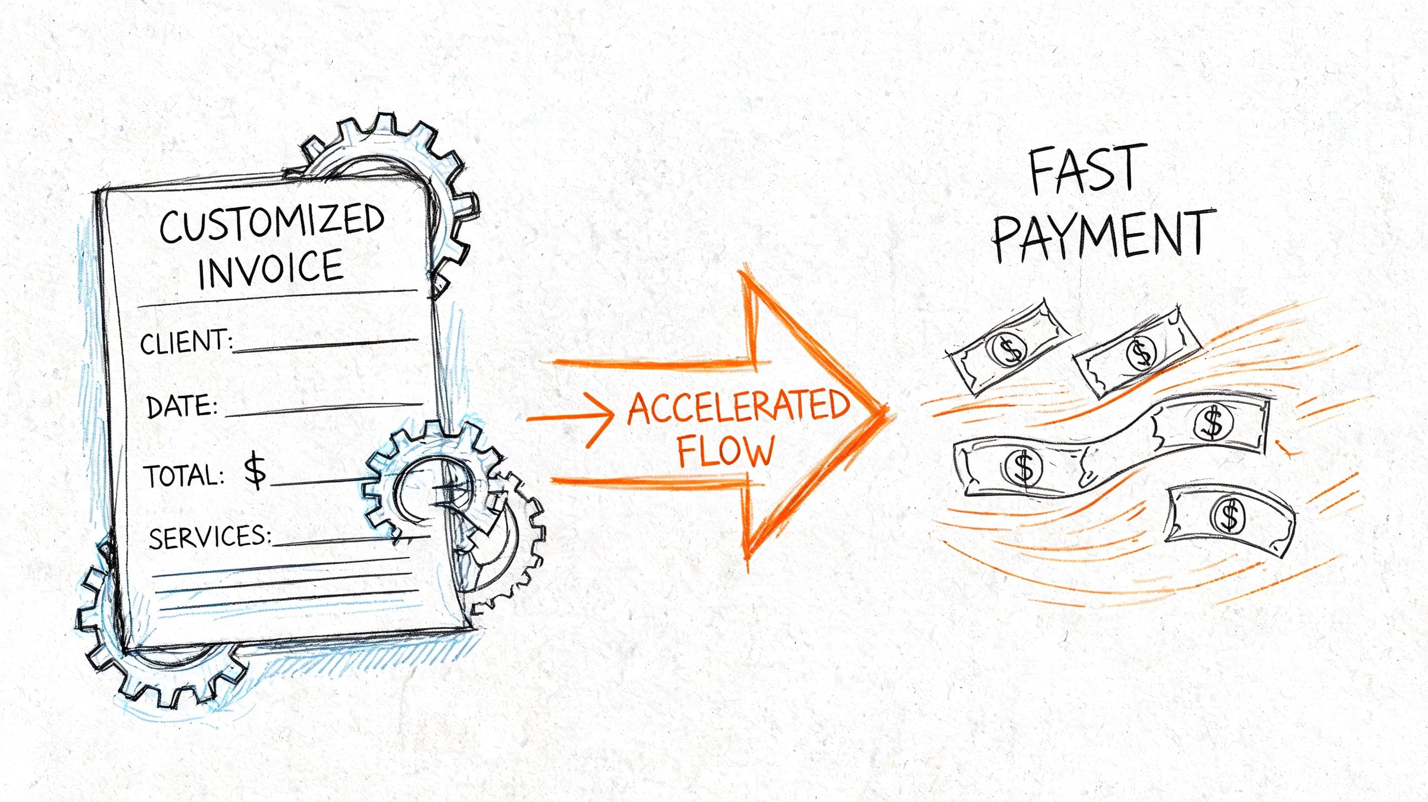 A hand-drawn illustration showing a customized invoice being processed into fast payment through accelerated workflow.