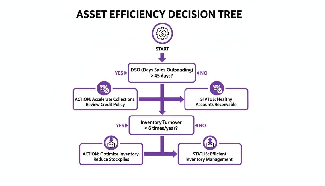 A decision tree diagram illustrating steps for optimizing asset efficiency based on DSO and inventory turnover.