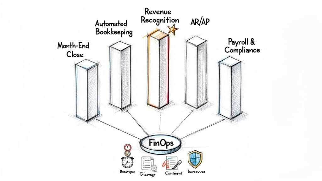 Diagram showing FinOps at the center, connecting key financial operations like revenue recognition and payroll.