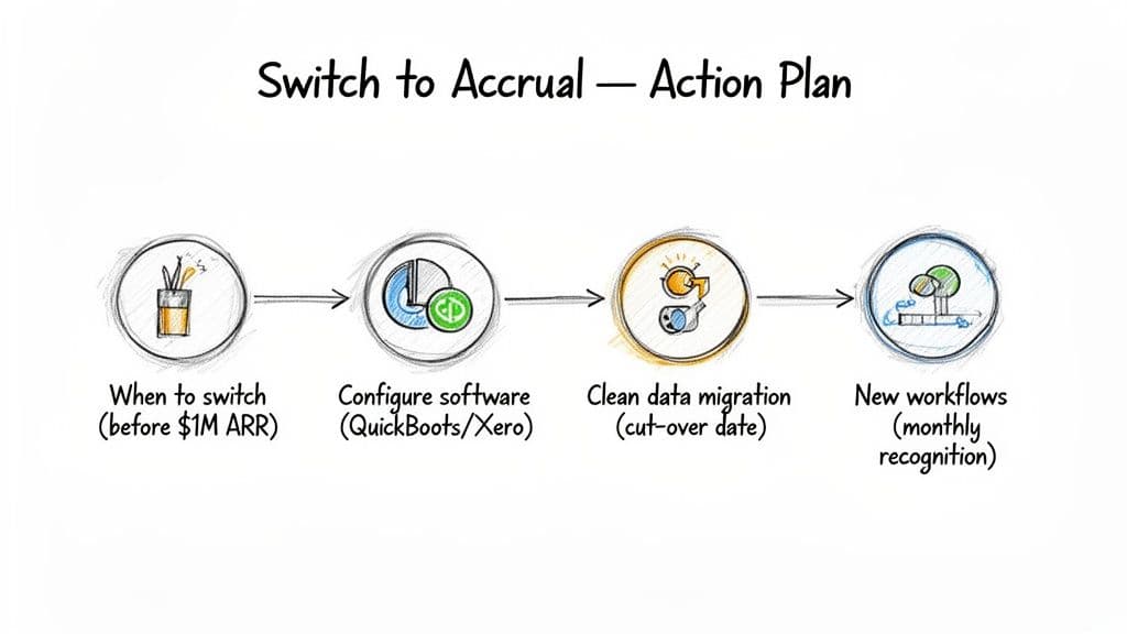 An action plan outlining four steps to switch to accrual accounting, including timing, software, data, and workflows.