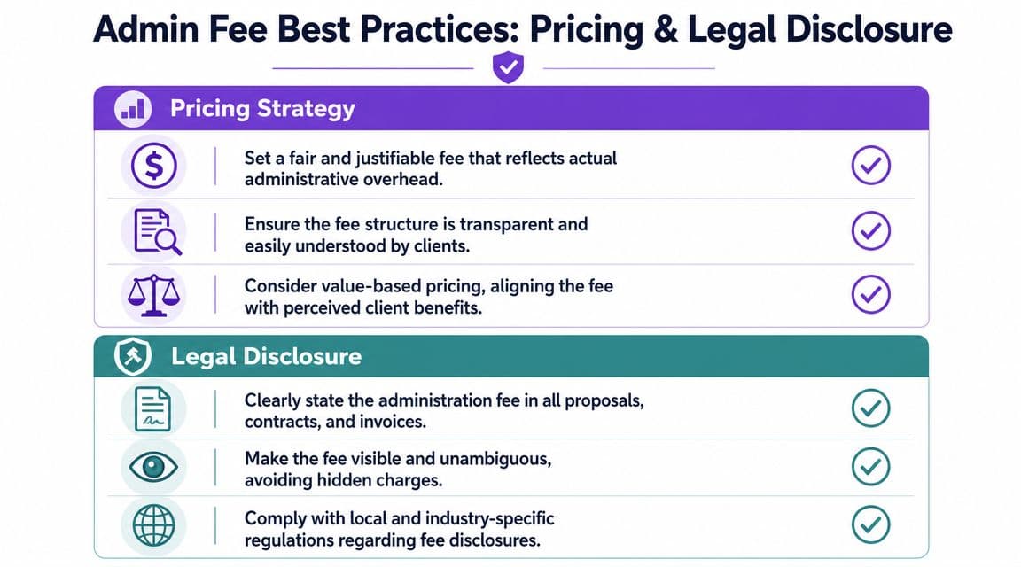 A business infographic illustrating best practices for setting and disclosing administration fees for professional services.
