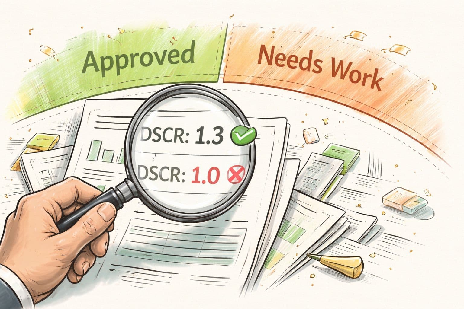 A magnifying glass inspecting financial documents showing DSCR scores, illustrating loan approval versus needs work status.