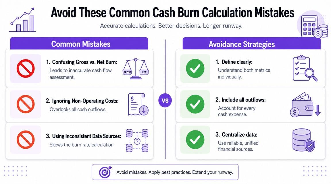 An infographic titled Avoid These Common Cash Burn Calculation Mistakes, outlining three key errors and their corresponding solutions.