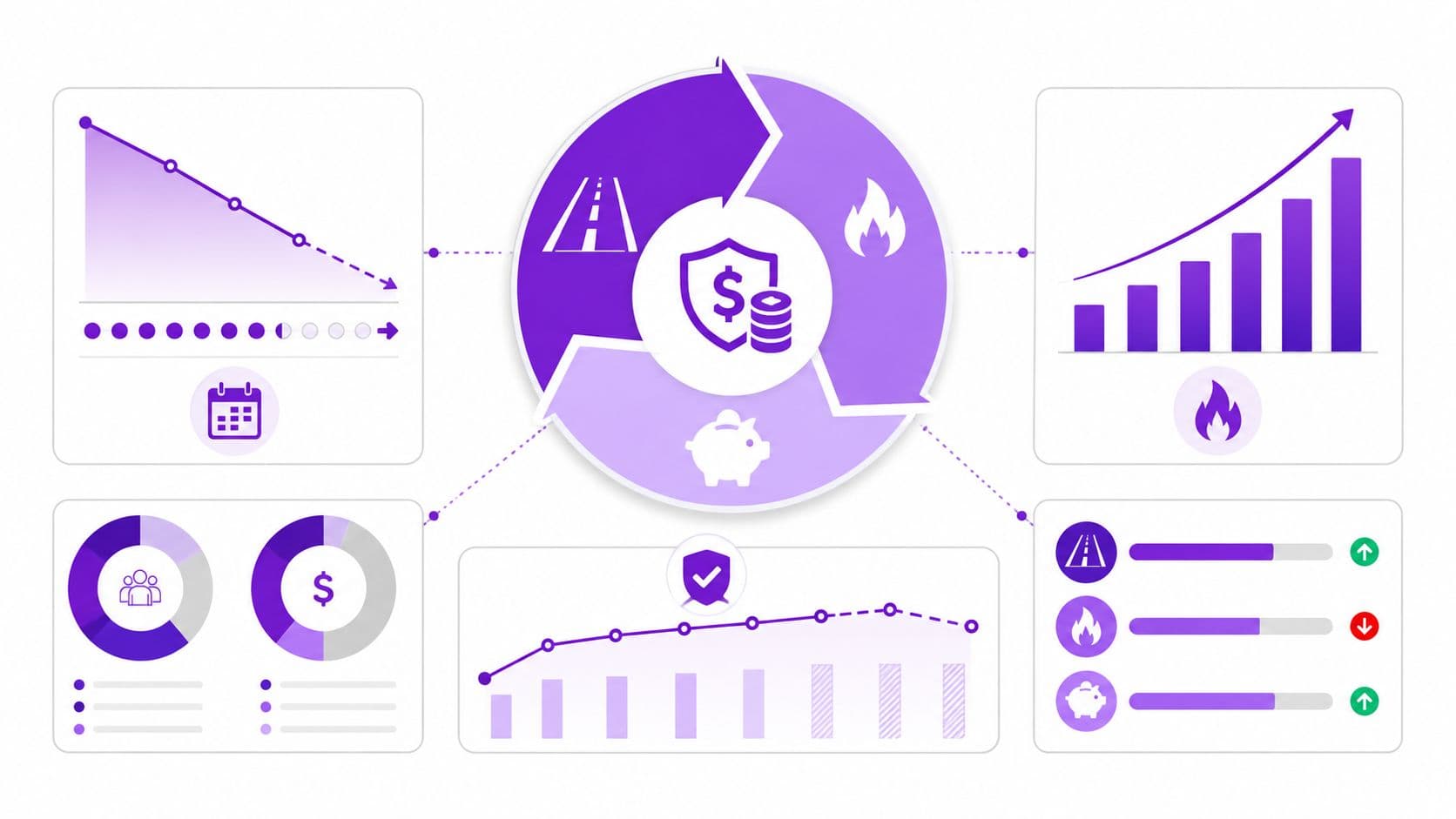 A digital graphic showing various business charts and icons representing financial data and strategy for company growth.