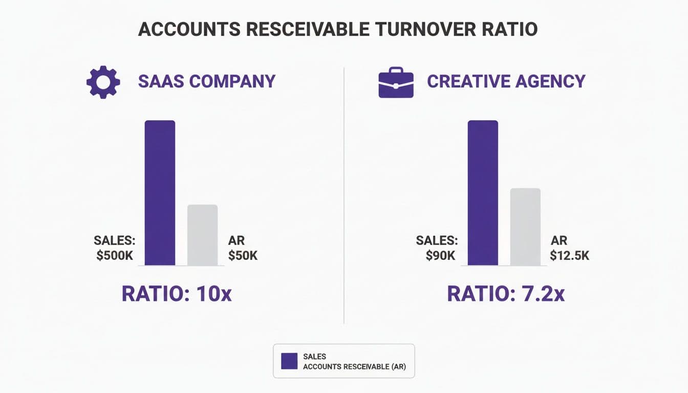 Bar chart comparing accounts receivable turnover ratio, sales, and AR for a SaaS company and a creative agency.