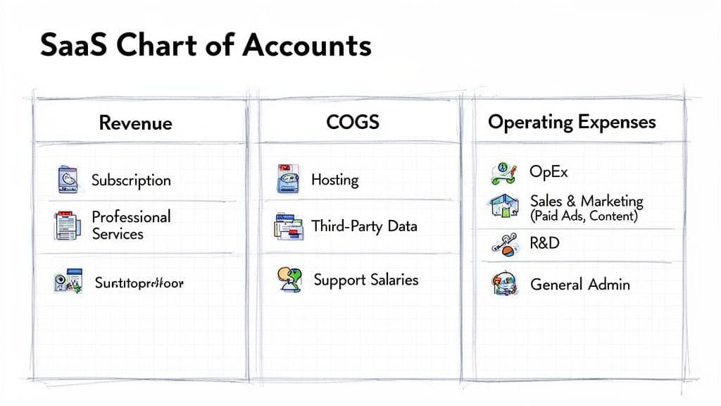 SaaS chart of accounts showing revenue, COGS, and operating expenses with detailed items for each category.