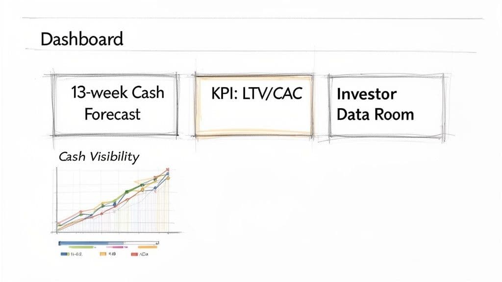 Financial dashboard showing 13-week cash forecast, LTV/CAC KPI, investor data room, and cash visibility chart.