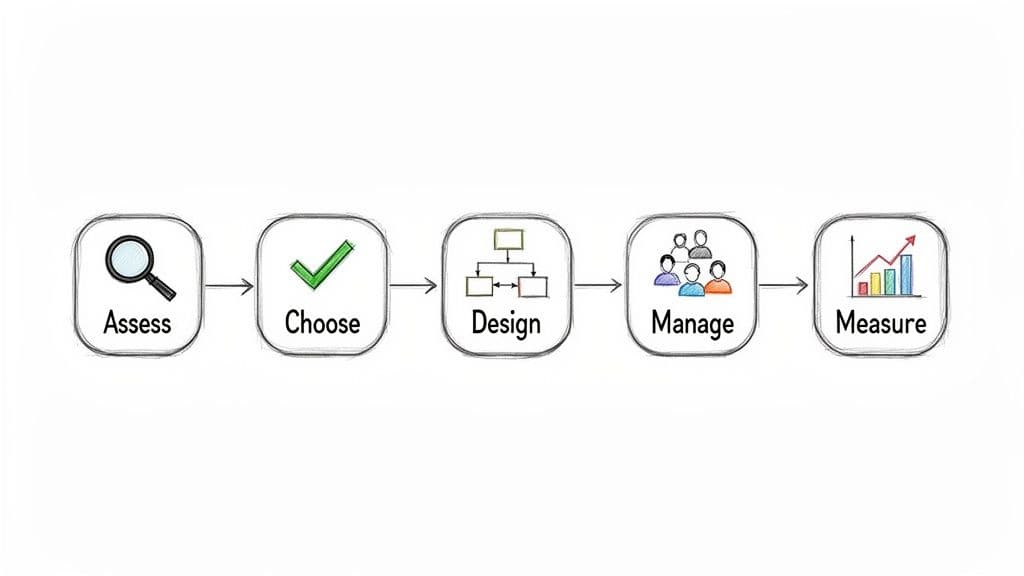 A five-step business process flow: Assess, Choose, Design, Manage, and Measure, illustrated with icons.