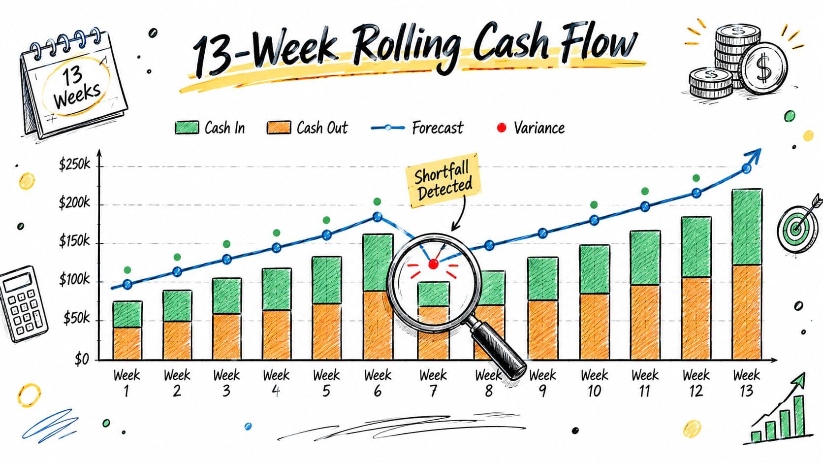 A hand-drawn style bar chart illustrating a 13-week rolling cash flow forecast with a detected shortfall.