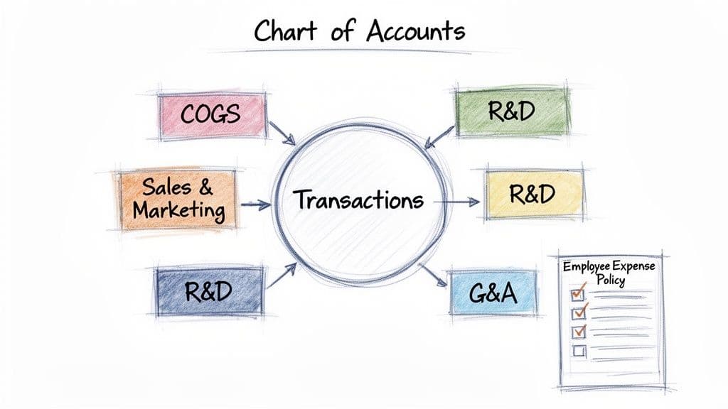 Diagram showing business transactions flowing into chart of accounts categories: COGS, Sales & Marketing, R&D, G&A.