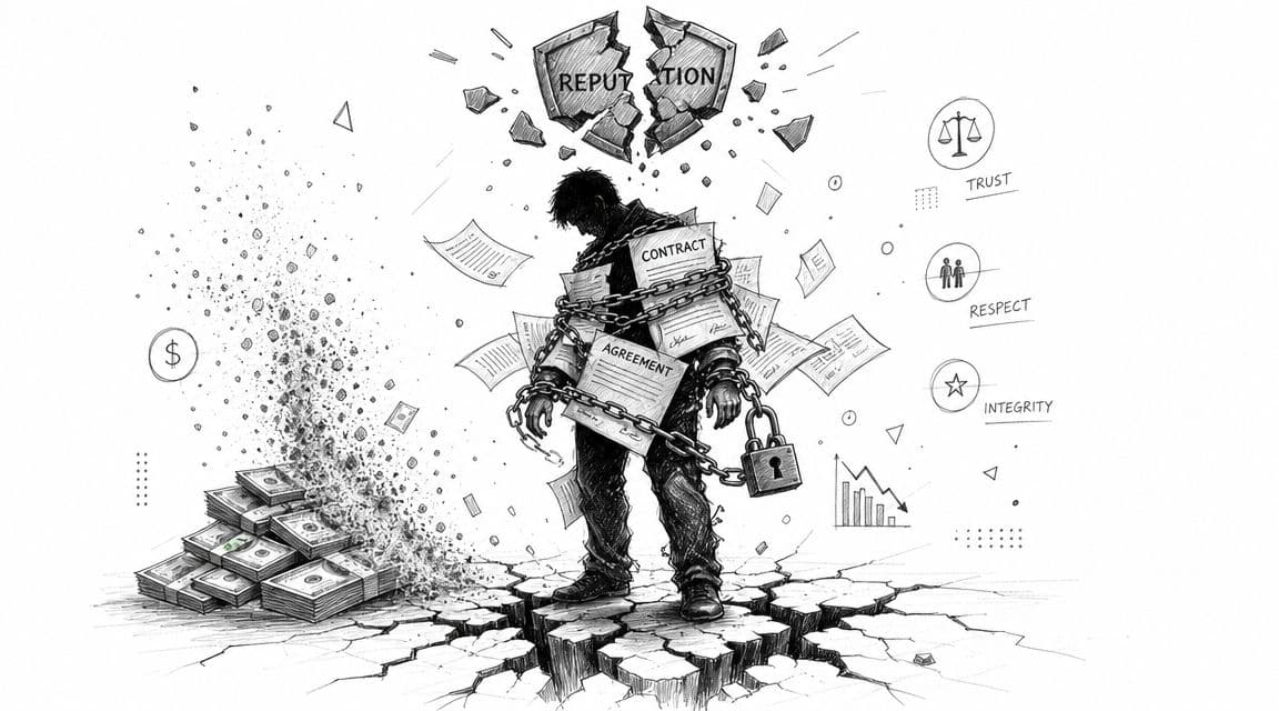 A pencil sketch of a person trapped in chains with contracts, symbolizing broken reputation and financial corruption.