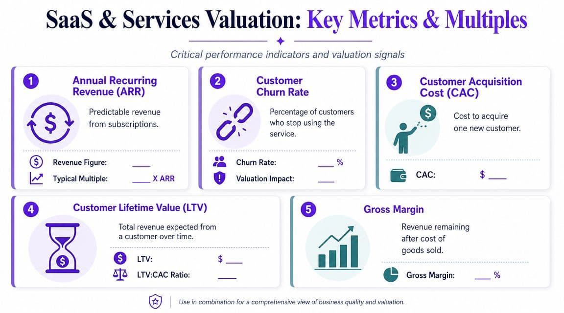 An infographic outlining five key metrics for valuing SaaS and service businesses including ARR, churn, CAC, LTV, and margin.