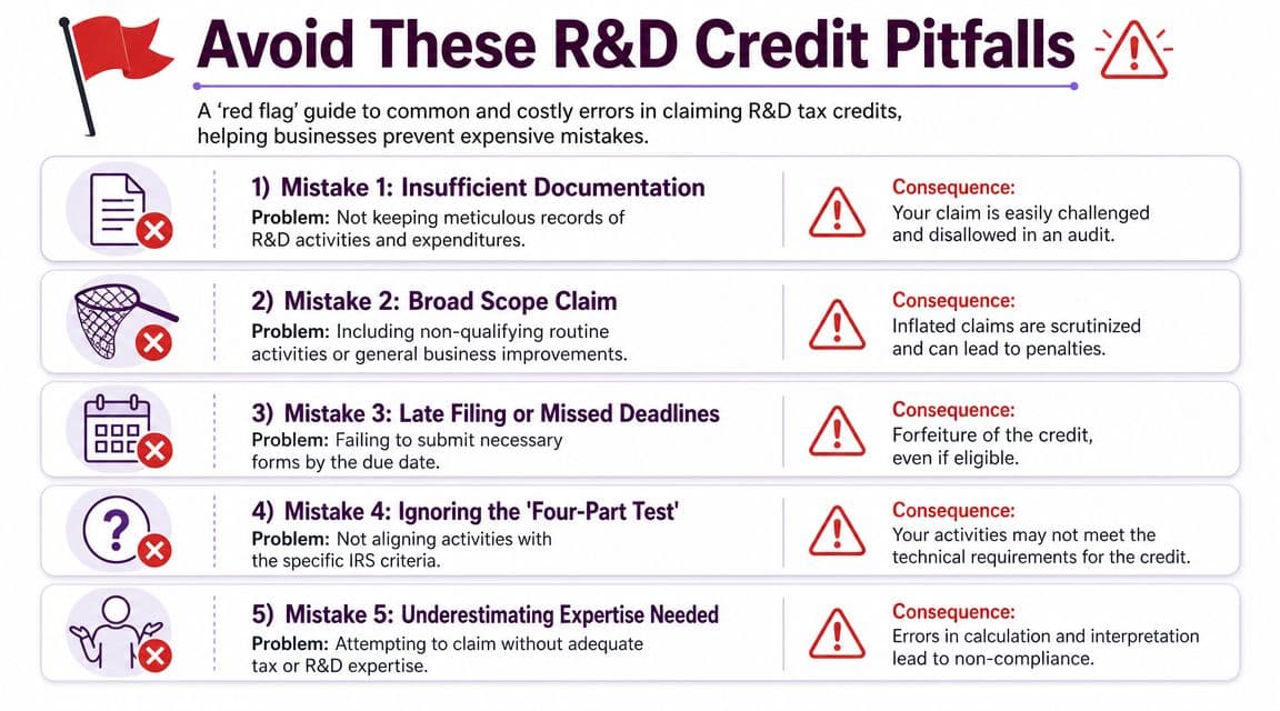 An infographic titled Avoid These R&D Credit Pitfalls listing five common mistakes when claiming research and development credits.
