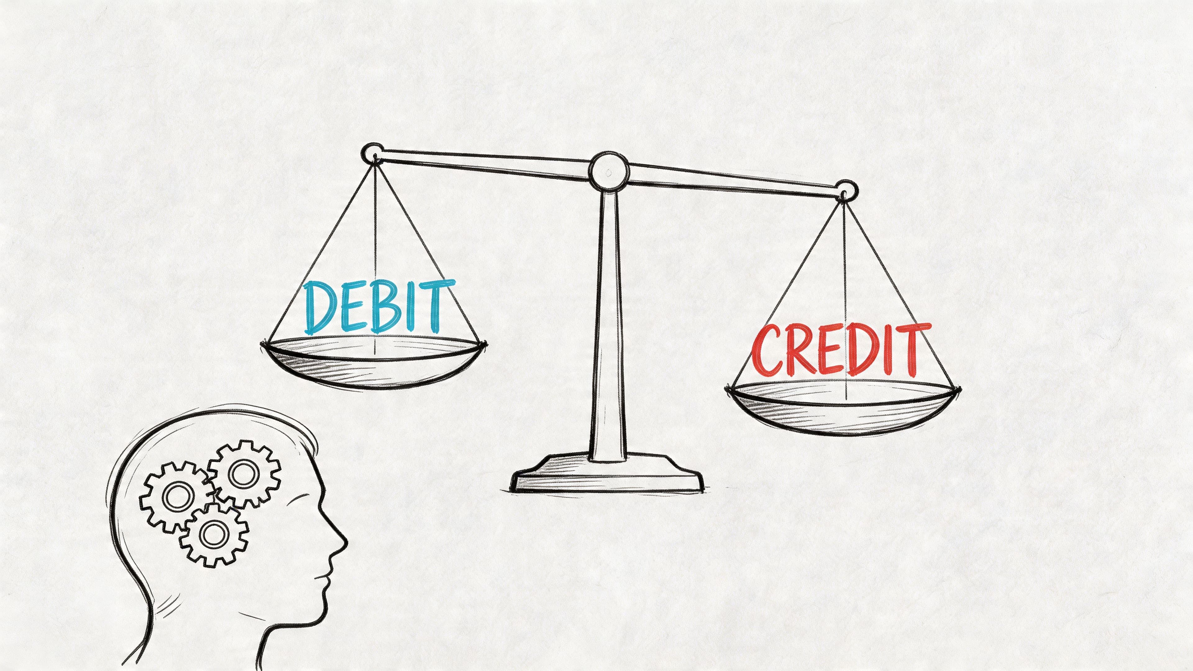 A conceptual sketch illustration of a balance scale with debit and credit labels above an analytical mind.