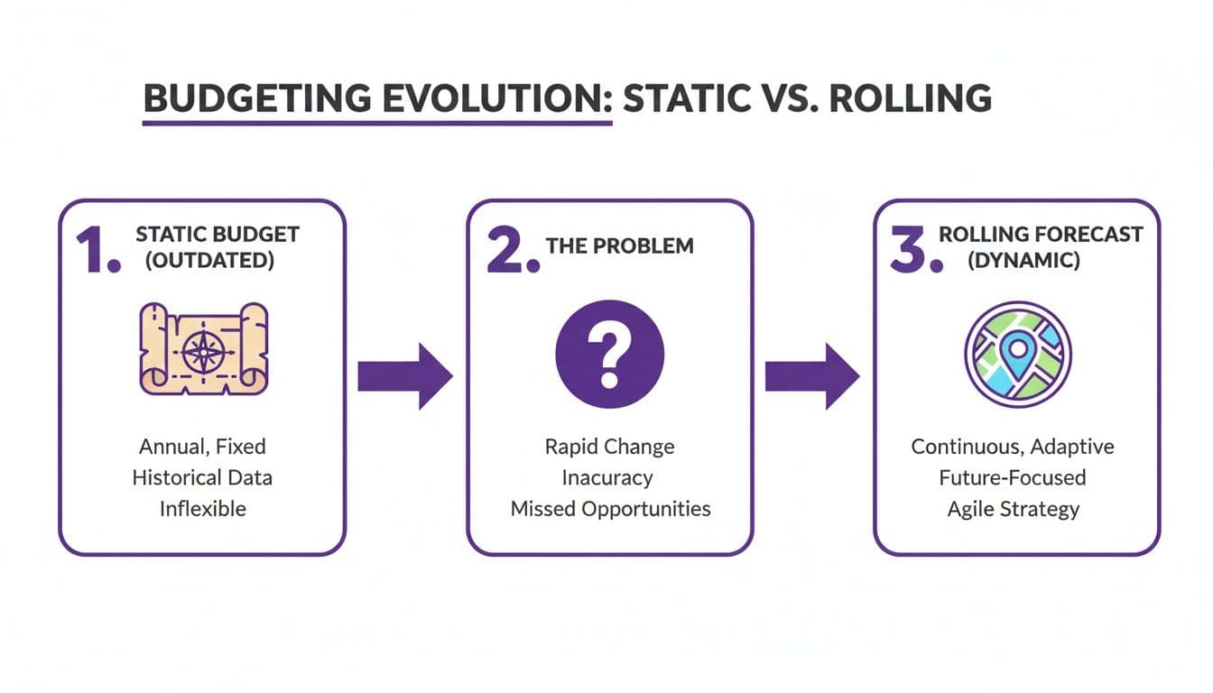 Diagram showing budgeting evolution from outdated static budgets through problems to dynamic rolling forecasts.