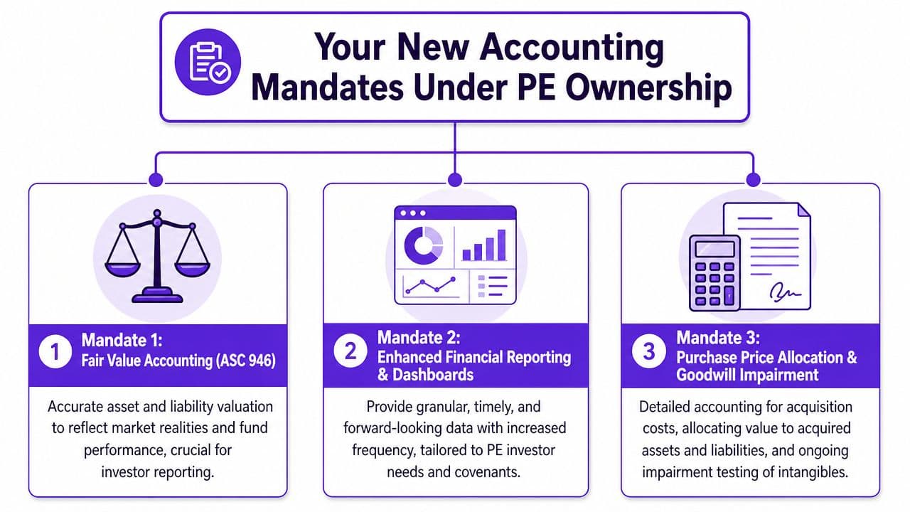 A diagram outlining three key accounting mandates for businesses under private equity ownership.