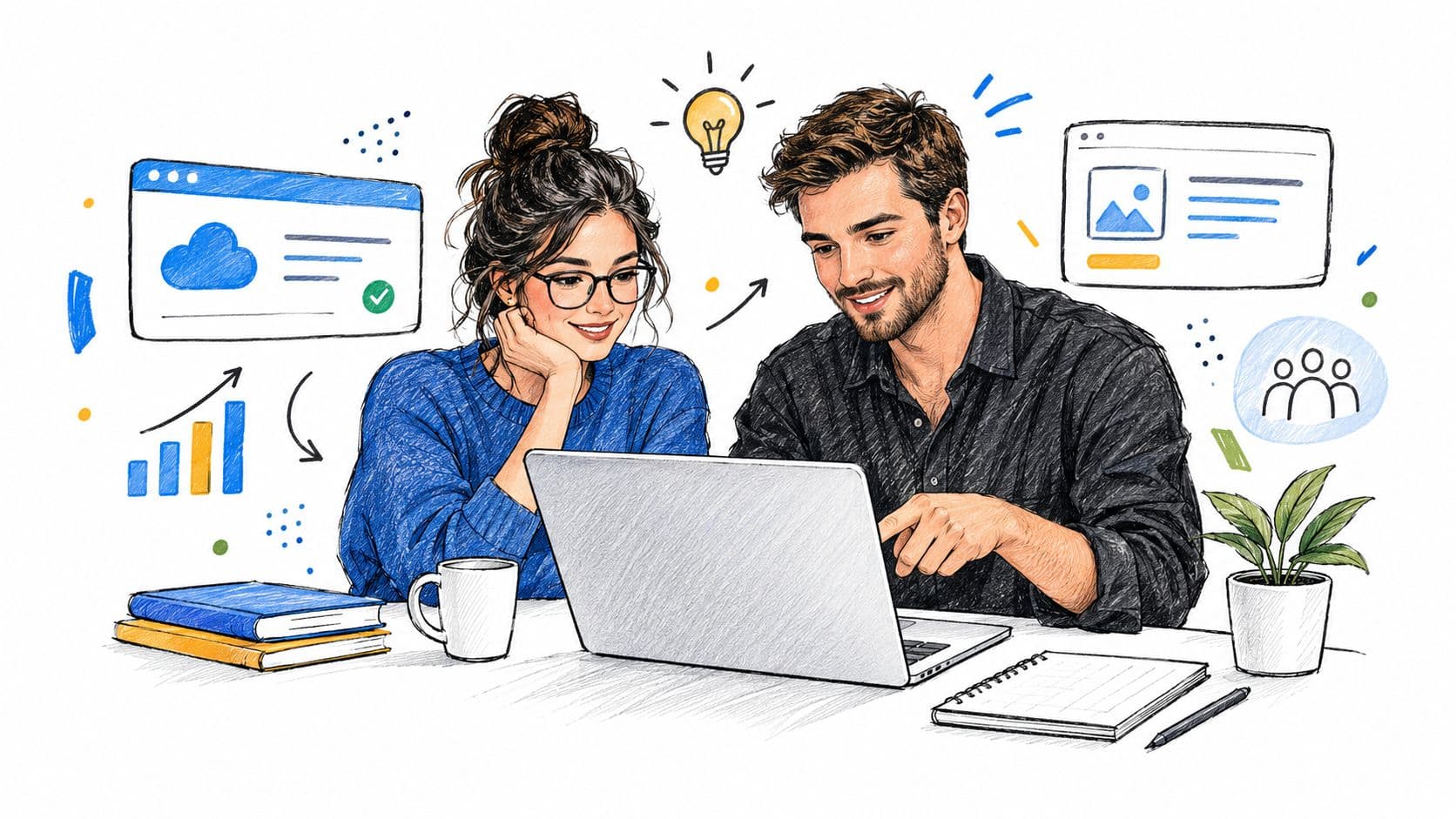 A man and woman collaborating together on a laptop with digital icons and design elements surrounding them.