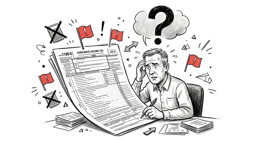 A stressed man fills out a corporate income tax form surrounded by warning flags and calculators.