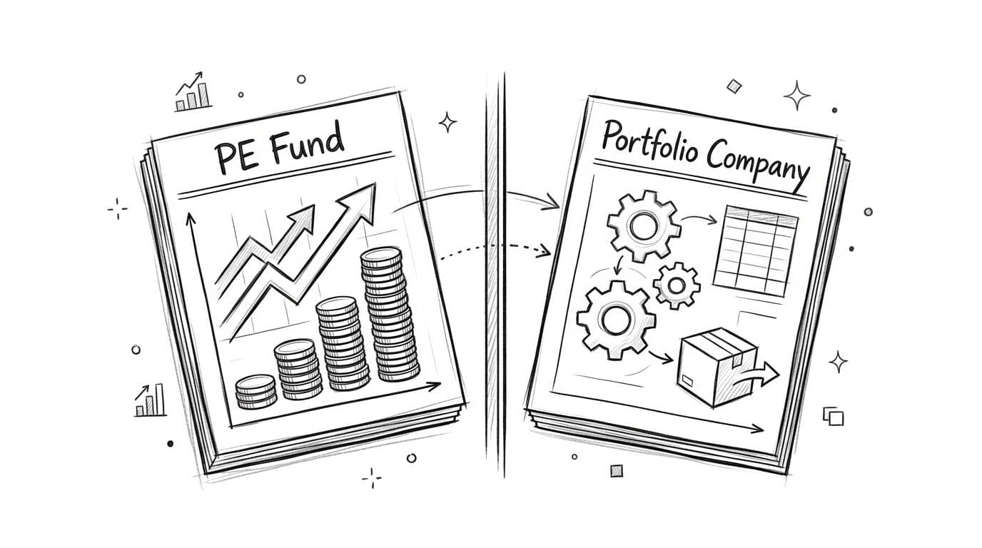 A hand-drawn illustration showing a Private Equity Fund investing capital into a growing Portfolio Company.