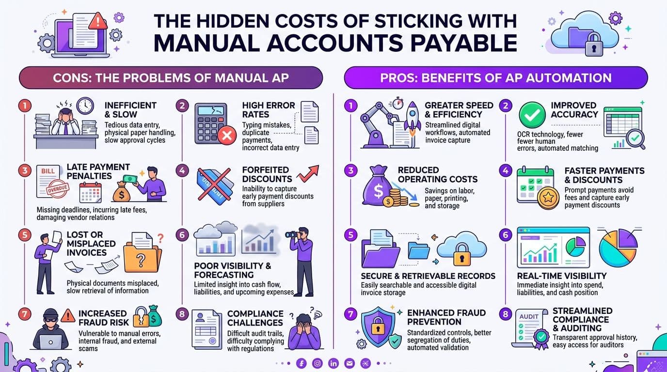 An infographic comparing the disadvantages of manual accounts payable processes with the benefits of AP automation software.