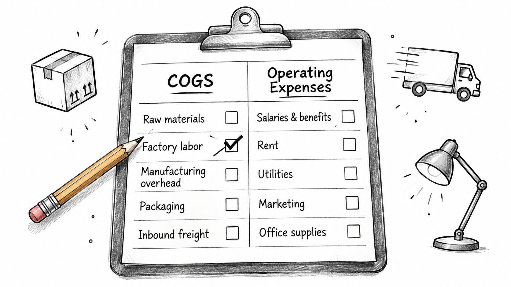 A clipboard illustration comparing Cost of Goods Sold with Operating Expenses with a checked box for factory labor.
