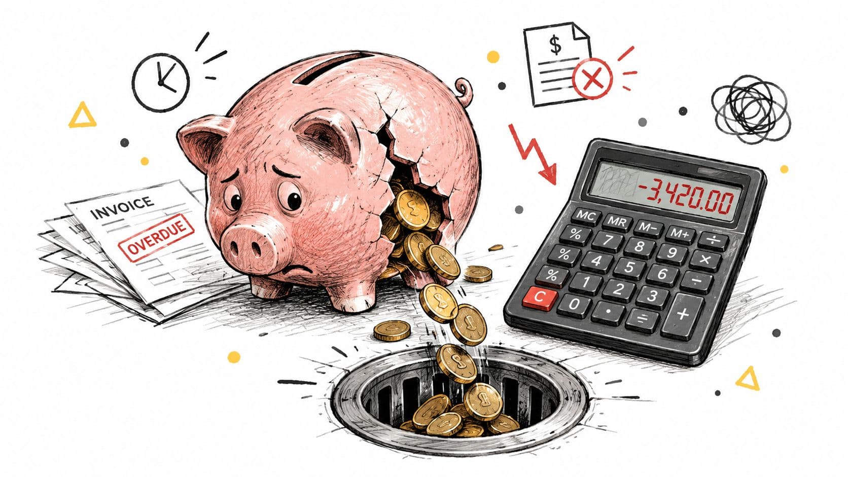 A broken piggy bank losing coins into a drain next to an overdue invoice and a calculator.