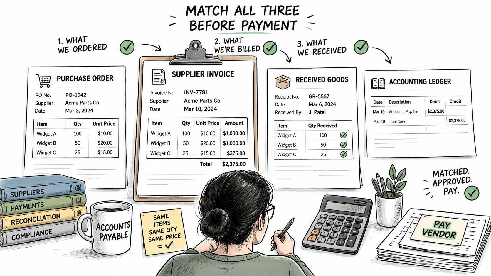 An illustration showing the three-way matching process of purchase orders, supplier invoices, and received goods for accounts payable.