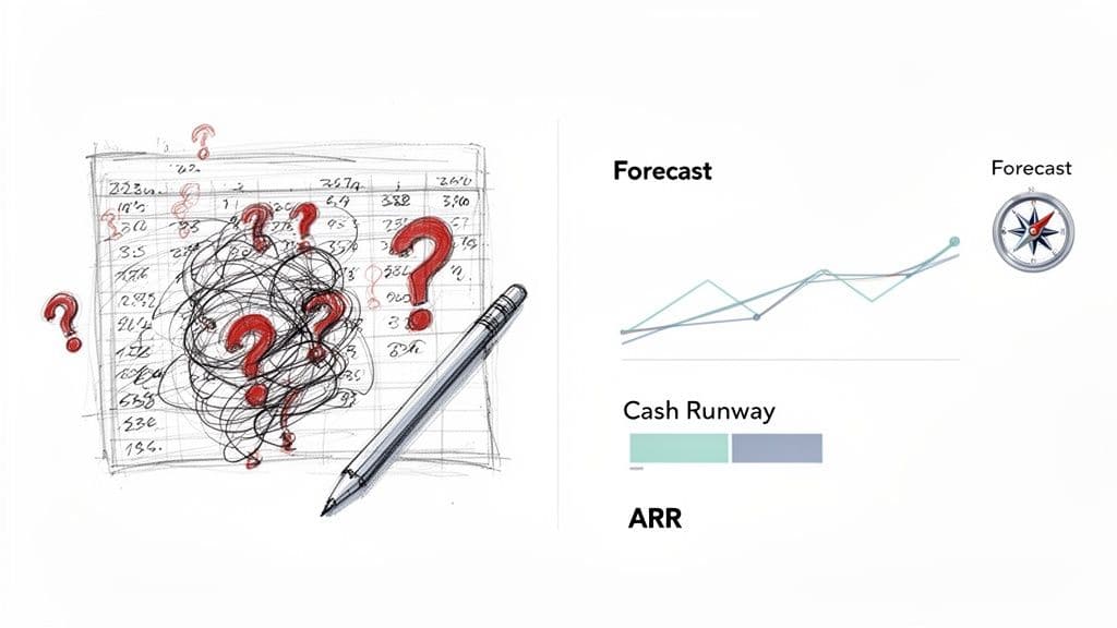 Messy financial data and question marks contrasted with clear forecast graphs and financial metrics.