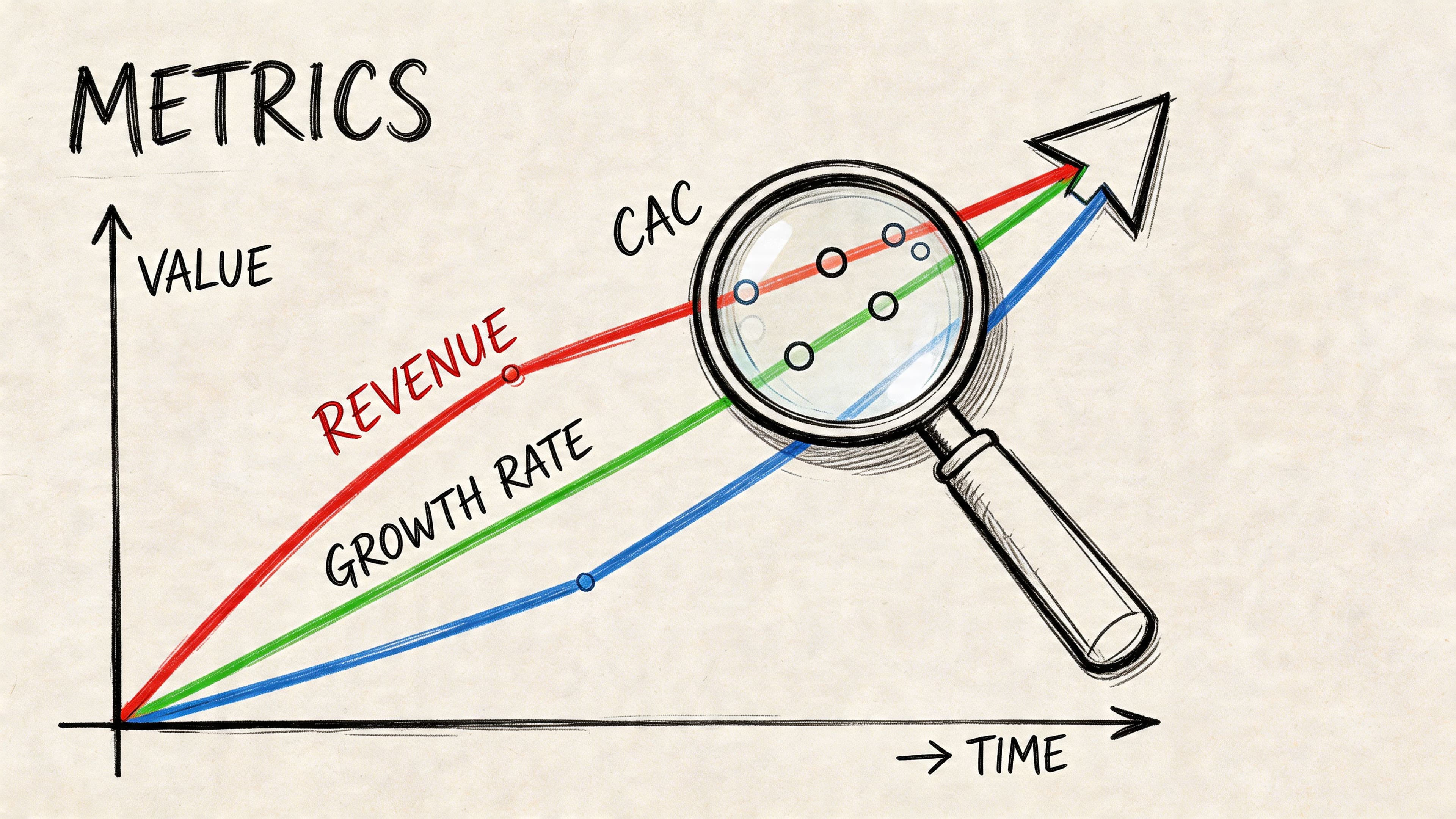 A hand-drawn illustration depicting a graph of business metrics like revenue, growth rate, and customer acquisition cost.