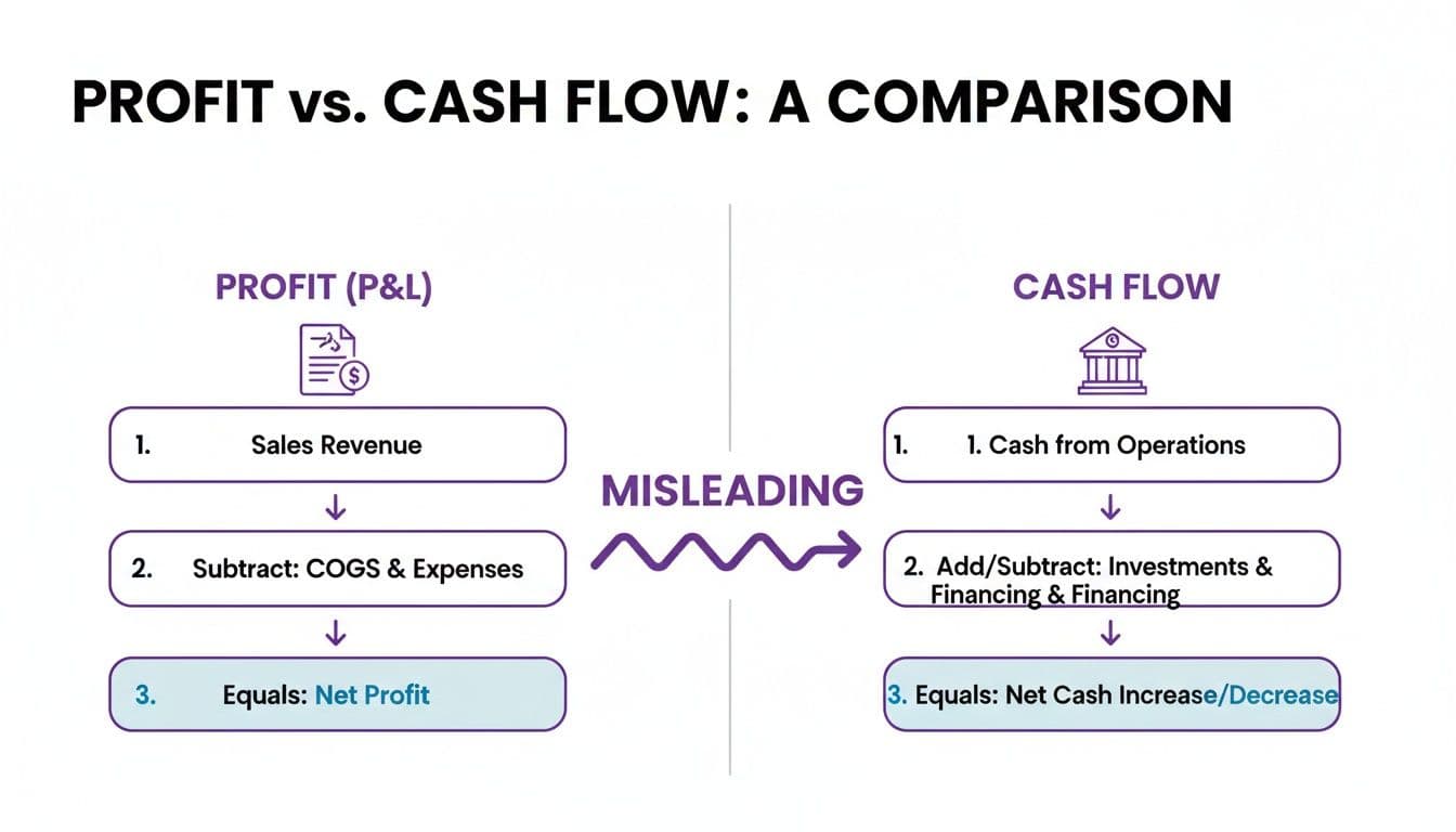 Flowchart comparing profit and cash flow calculations, showing how they differ and can be misleading.