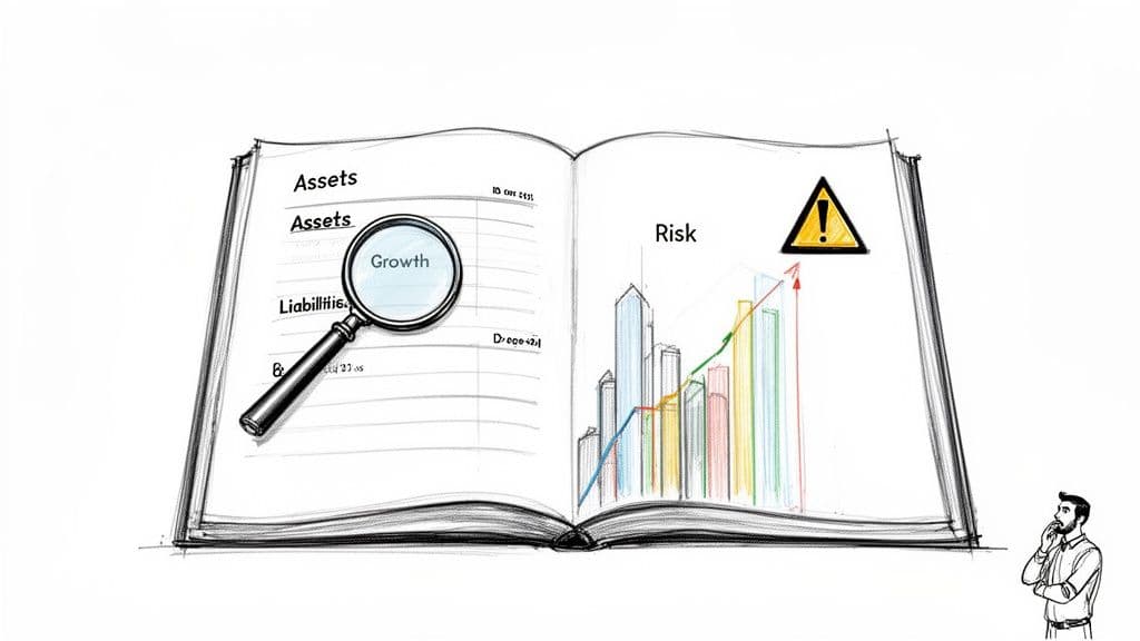 A hand-drawn open book showing financial assets, growth under a magnifying glass, risks, and a chart, with a man thinking.
