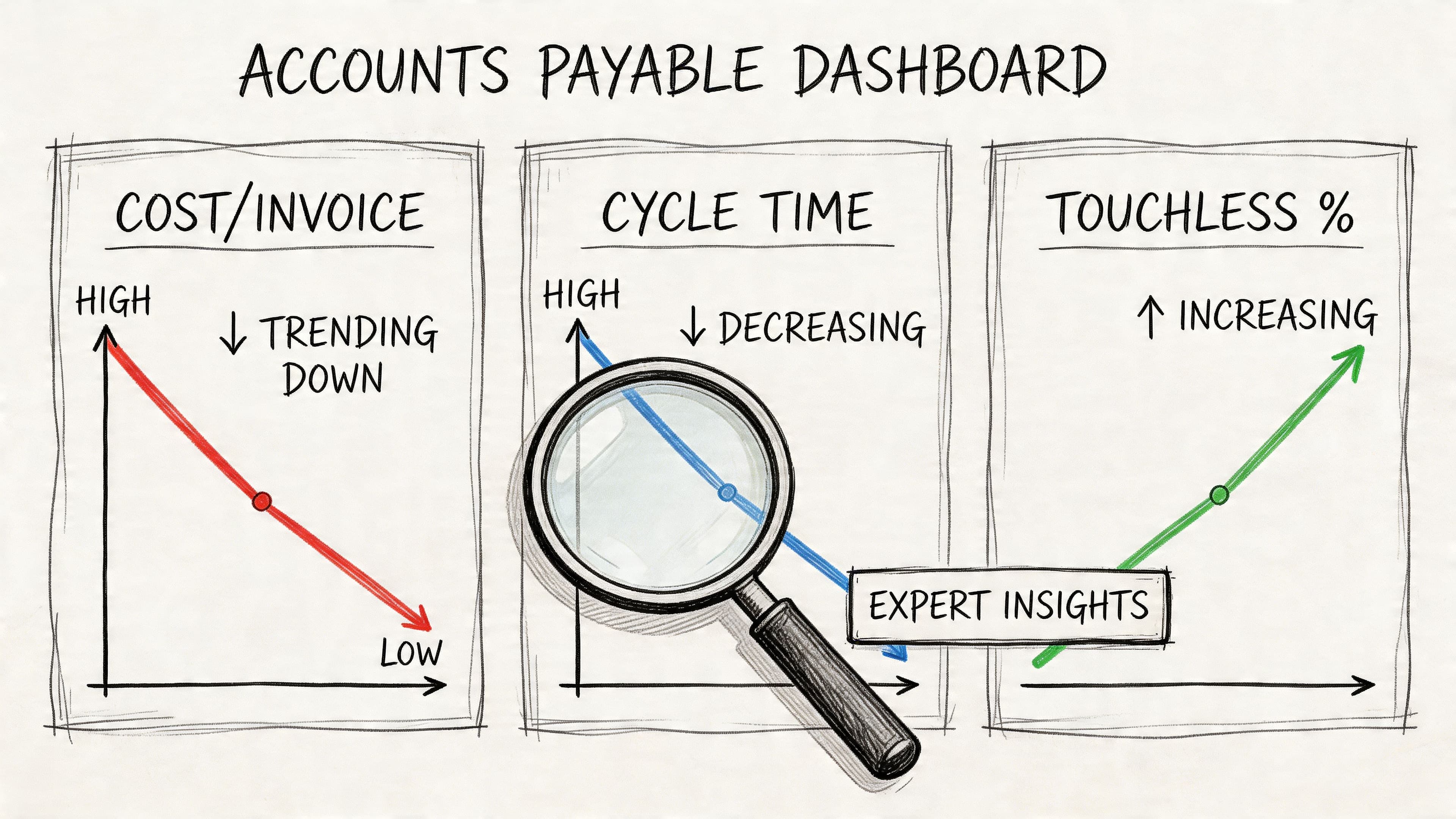 A hand-drawn sketch of an Accounts Payable dashboard showing trends for cost, cycle time, and touchless percentage.