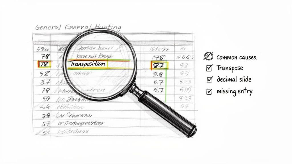A sketch of a ledger with a magnifying glass highlighting a 'transposition' error, listing common data entry causes.