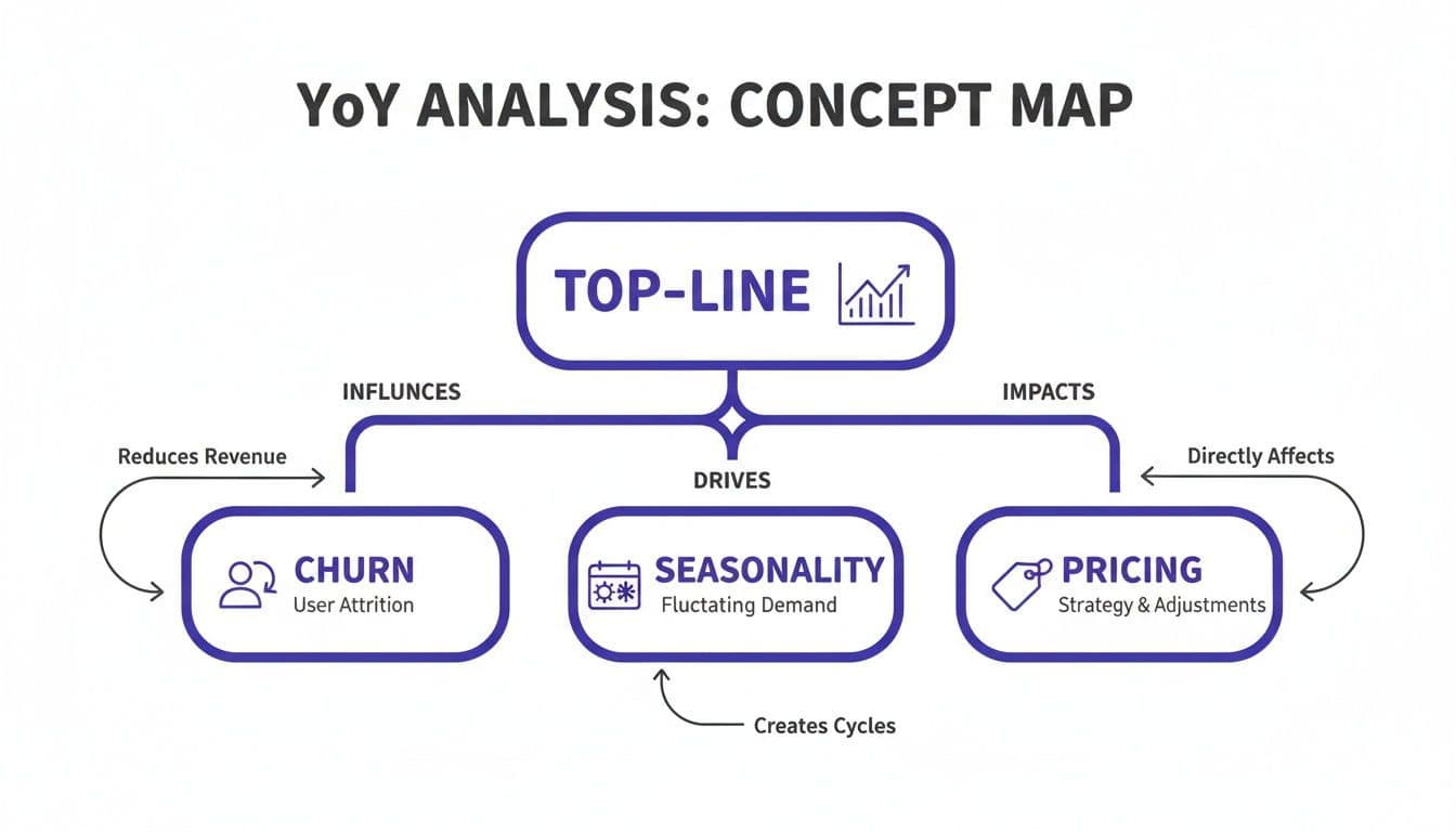 A concept map illustrates Year-over-Year analysis, showing Top-Line influenced by Churn, Seasonality, and Pricing.