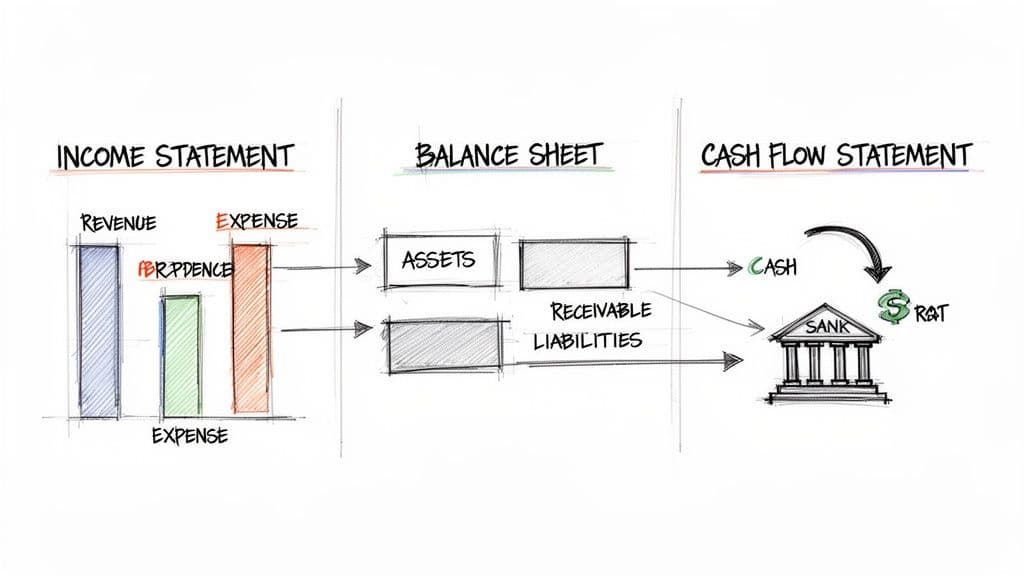 A financial model diagram illustrating the relationship between Income Statement, Balance Sheet, and Cash Flow.