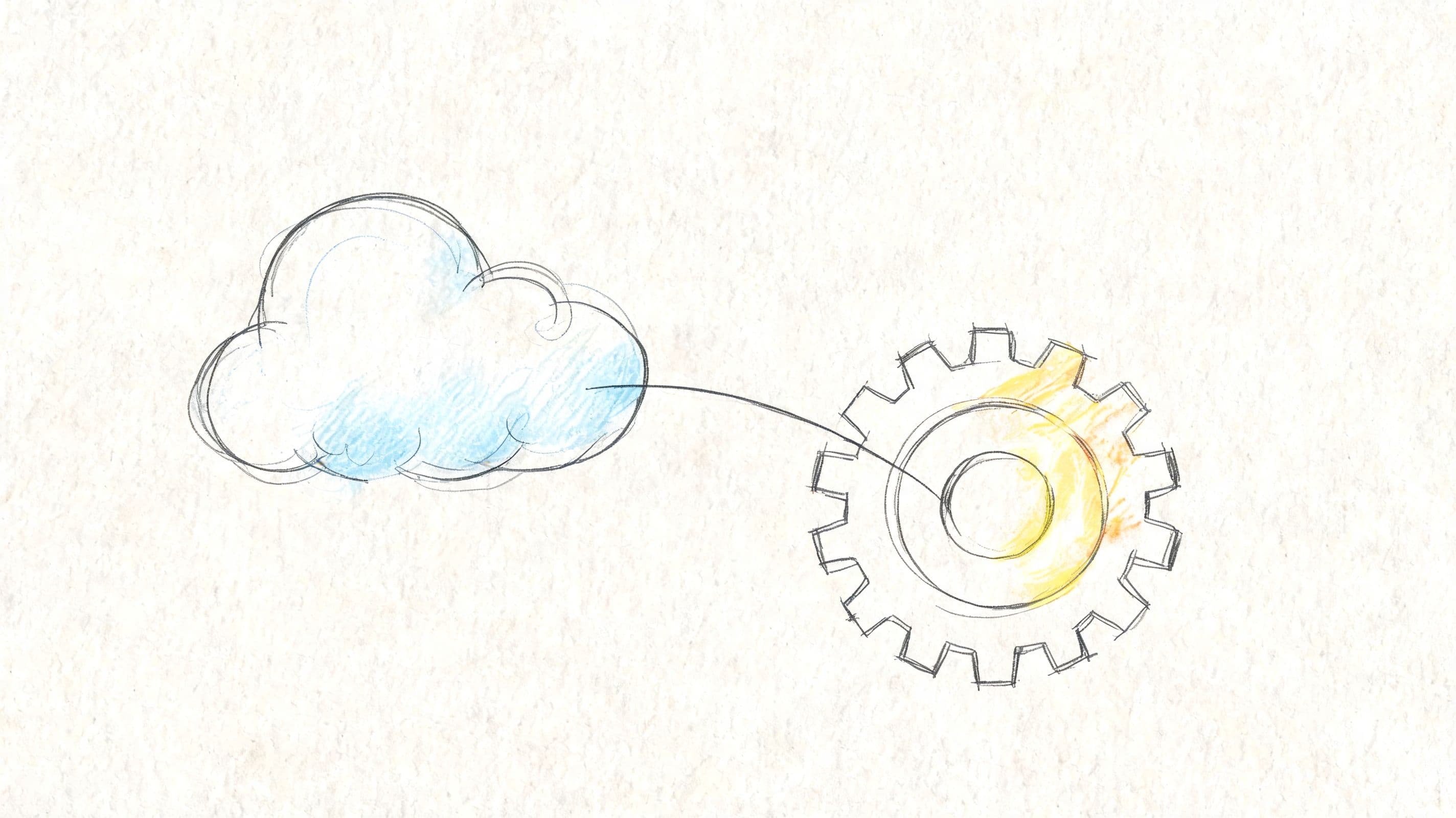 A hand-drawn sketch showing a blue cloud connected by a curved line to a yellow gear icon.