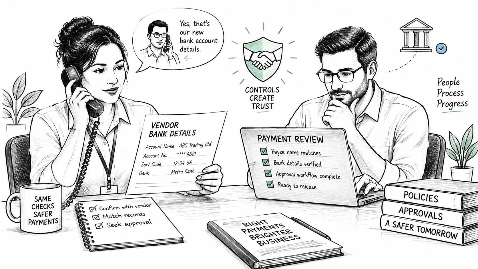Two professionals verifying vendor bank details and payment processes to ensure financial security and business compliance.