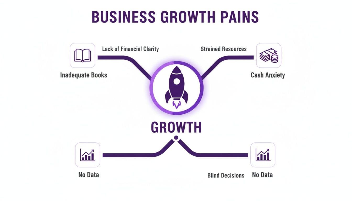 Infographic illustrating common business growth pains: inadequate books, cash anxiety, no data, and blind decisions.